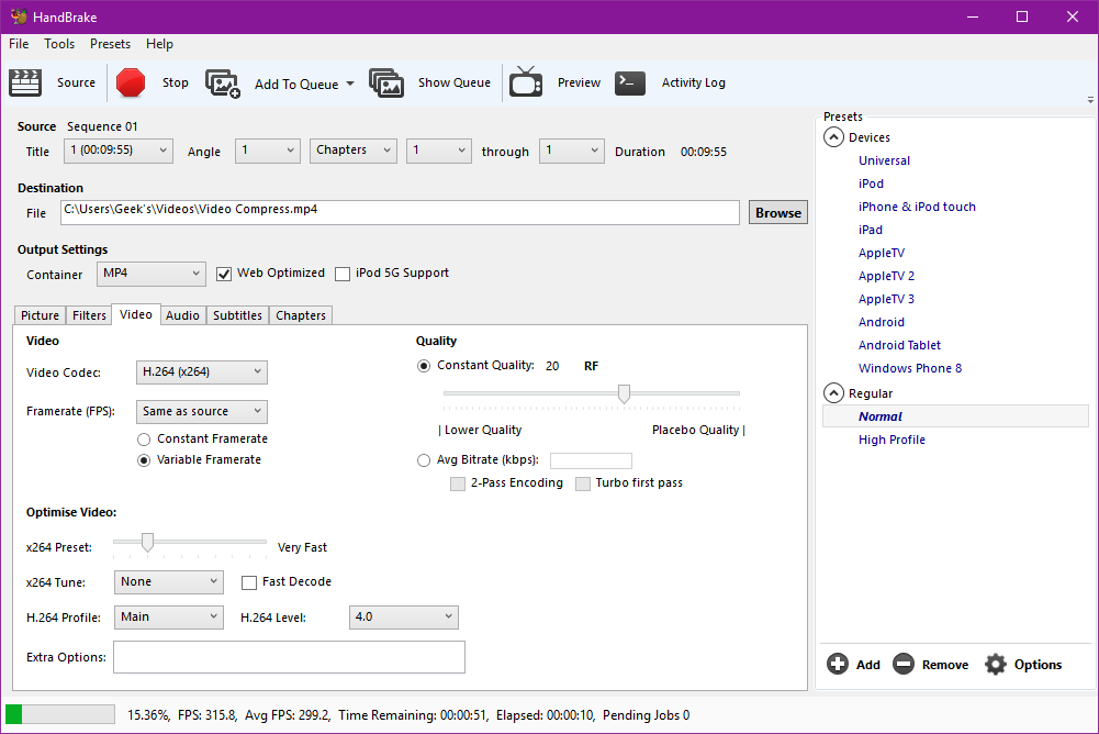 compress mp4 file with handbrake